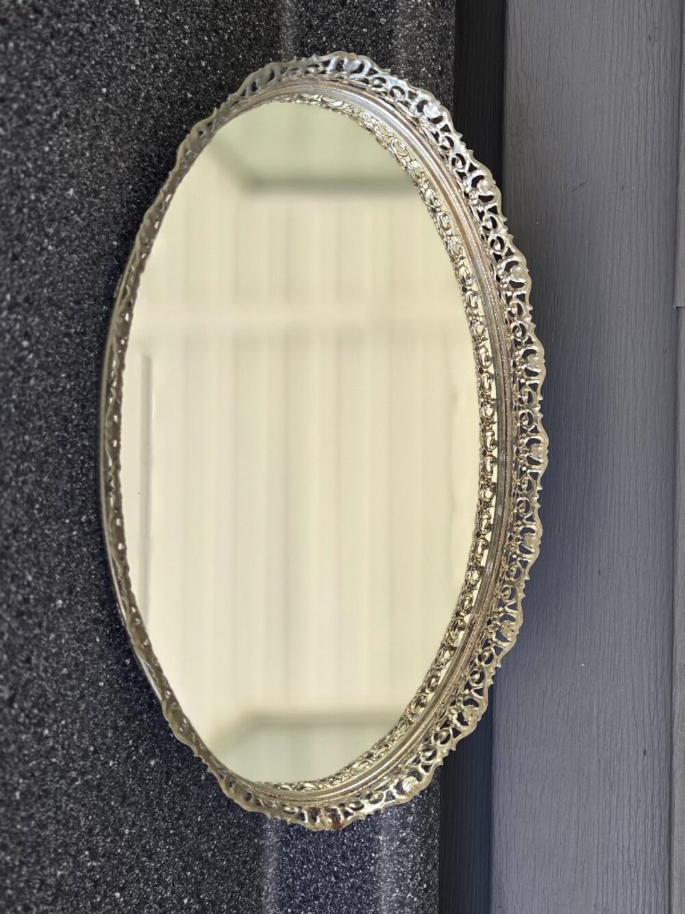 Mirror Glass Vanity Oval Tray Perfume Filigree Dresser Gold Floral 13.5 x 8.25"